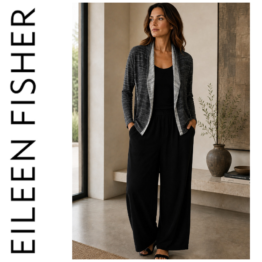 Eileen Fisher Sz L Organic Cotton Marled Gray Waterfall Cardigan Open Front